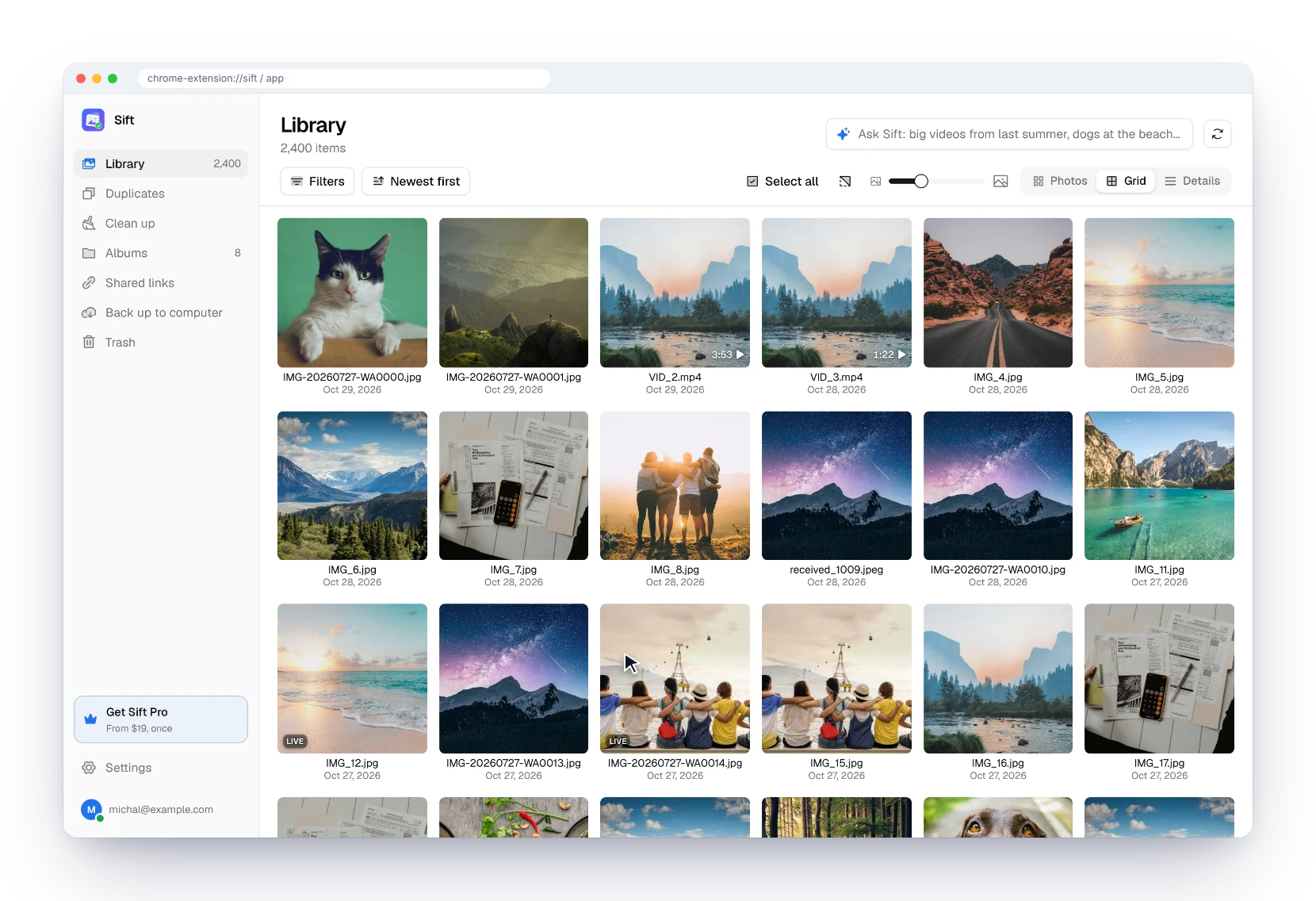 Selecting photos in Grid: click, Ctrl+click, then dragging a box across six photos