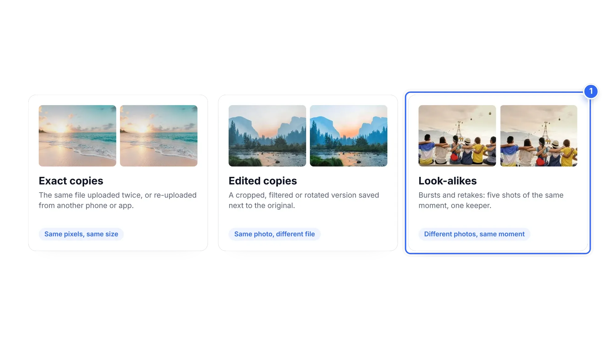 Three types of duplicate photos in Google Photos: exact copies, edited copies and look-alikes