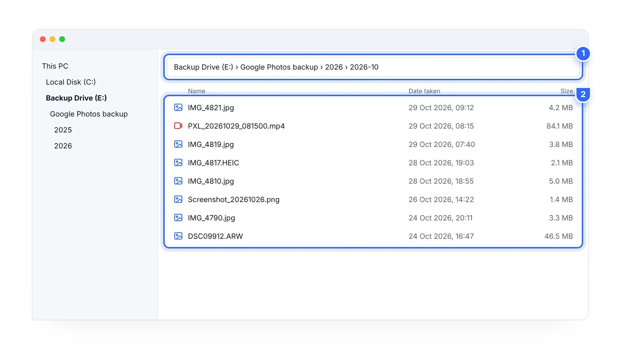 External hard drive folder of Google Photos organized by month with correct dates
