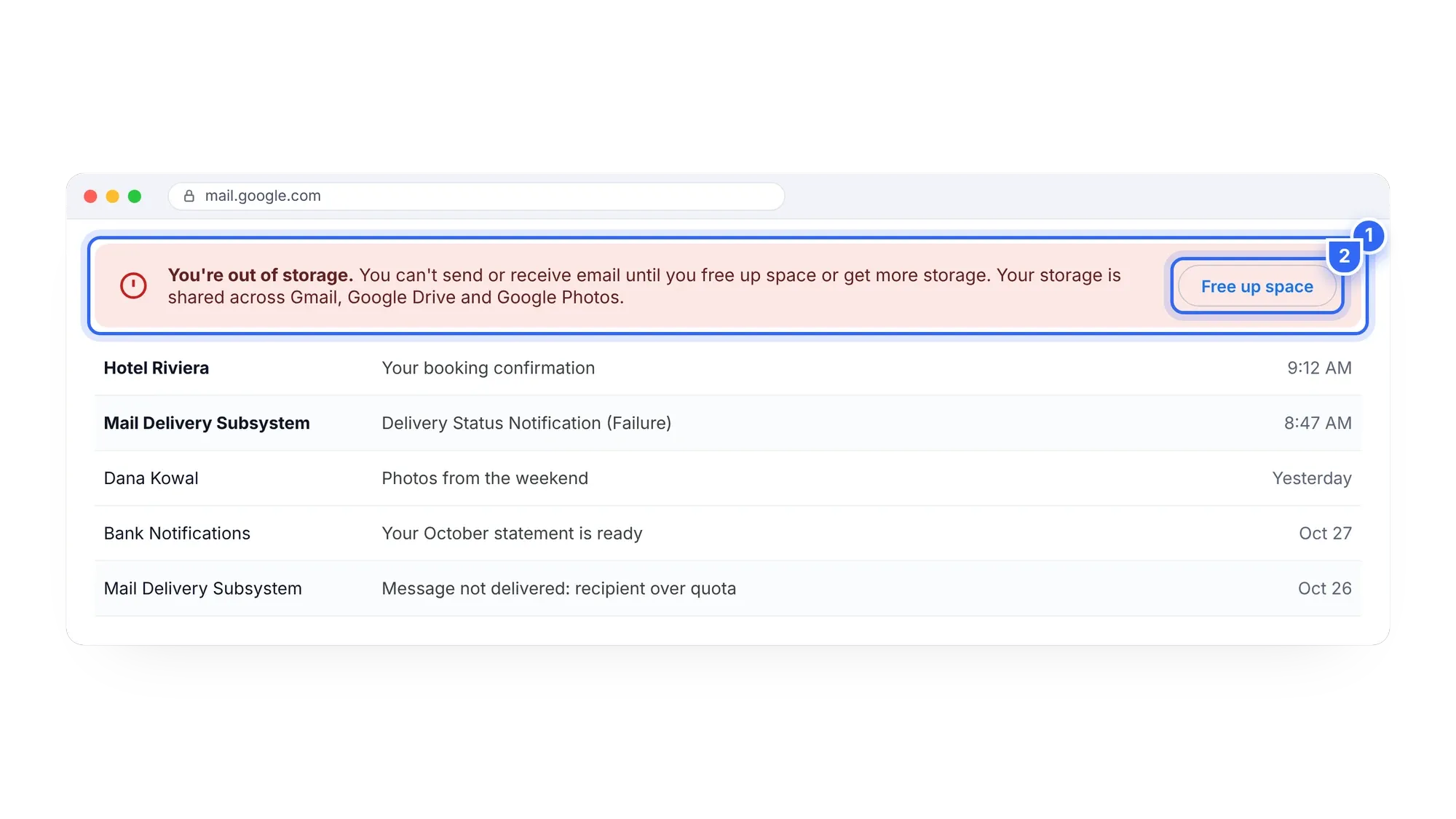 Gmail showing a You're out of storage banner with a Free up space button