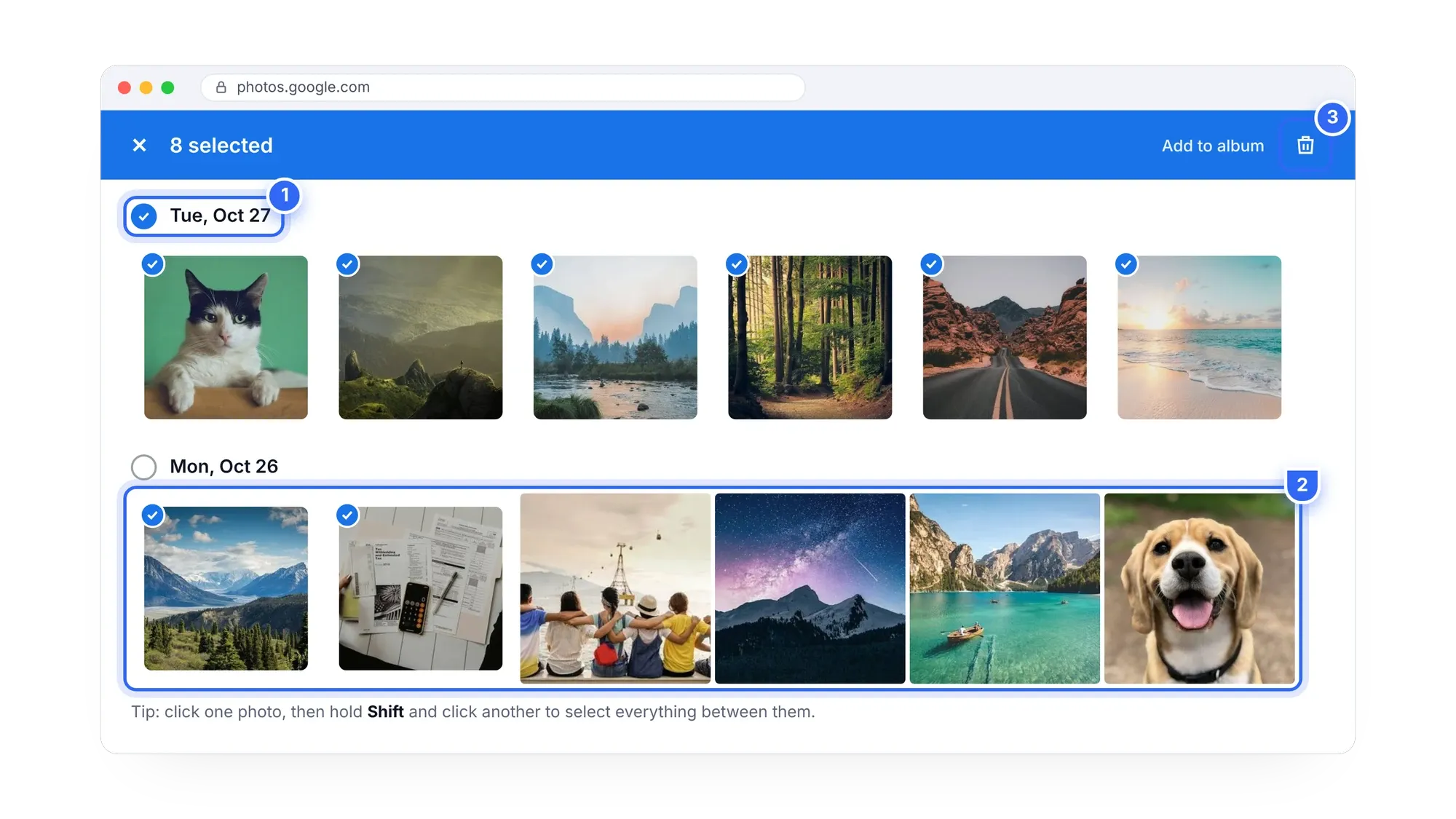 Selecting photos by date and Shift-click range on photos.google.com to delete all photos