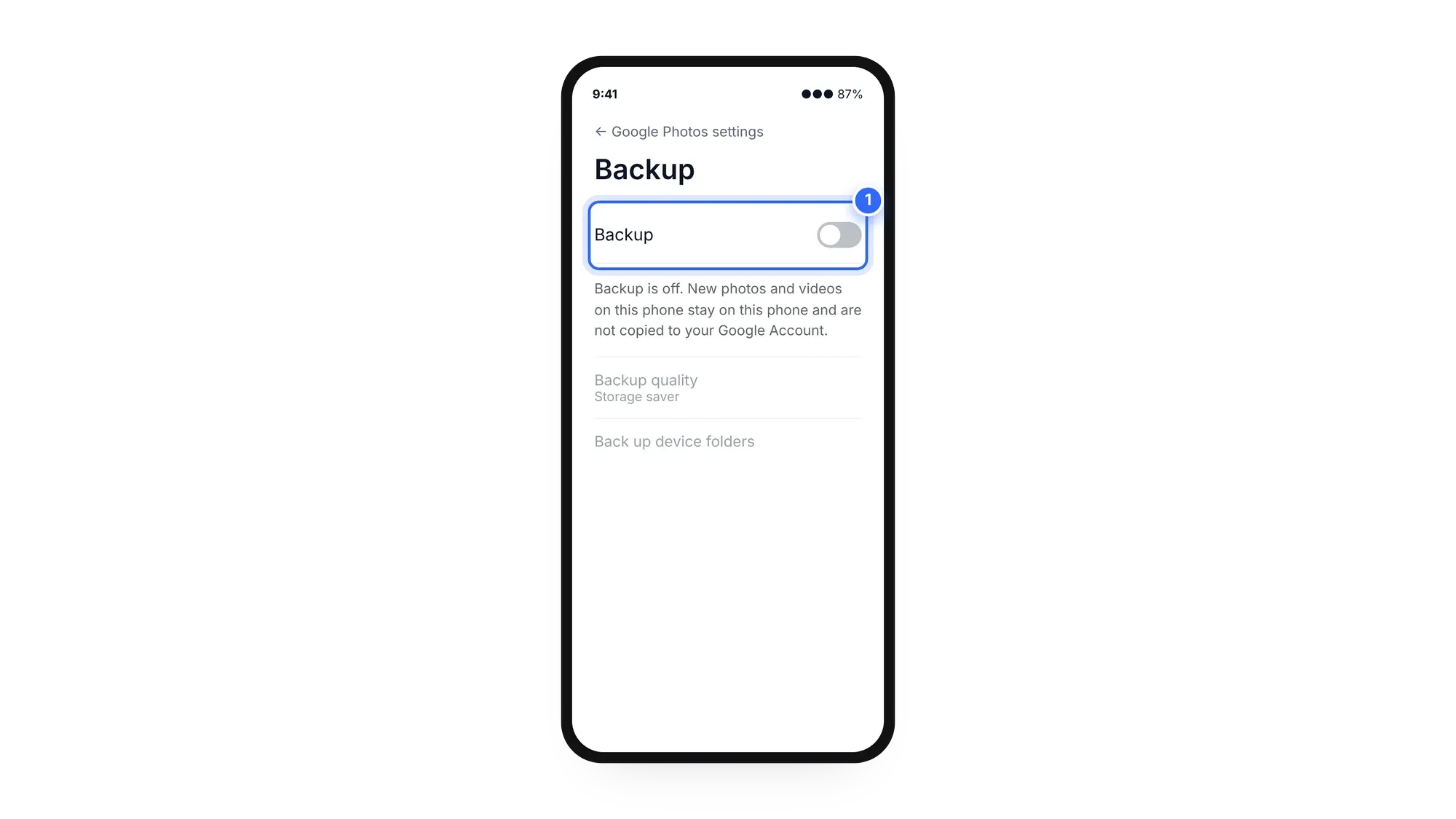 Google Photos app Backup setting switched off on a phone