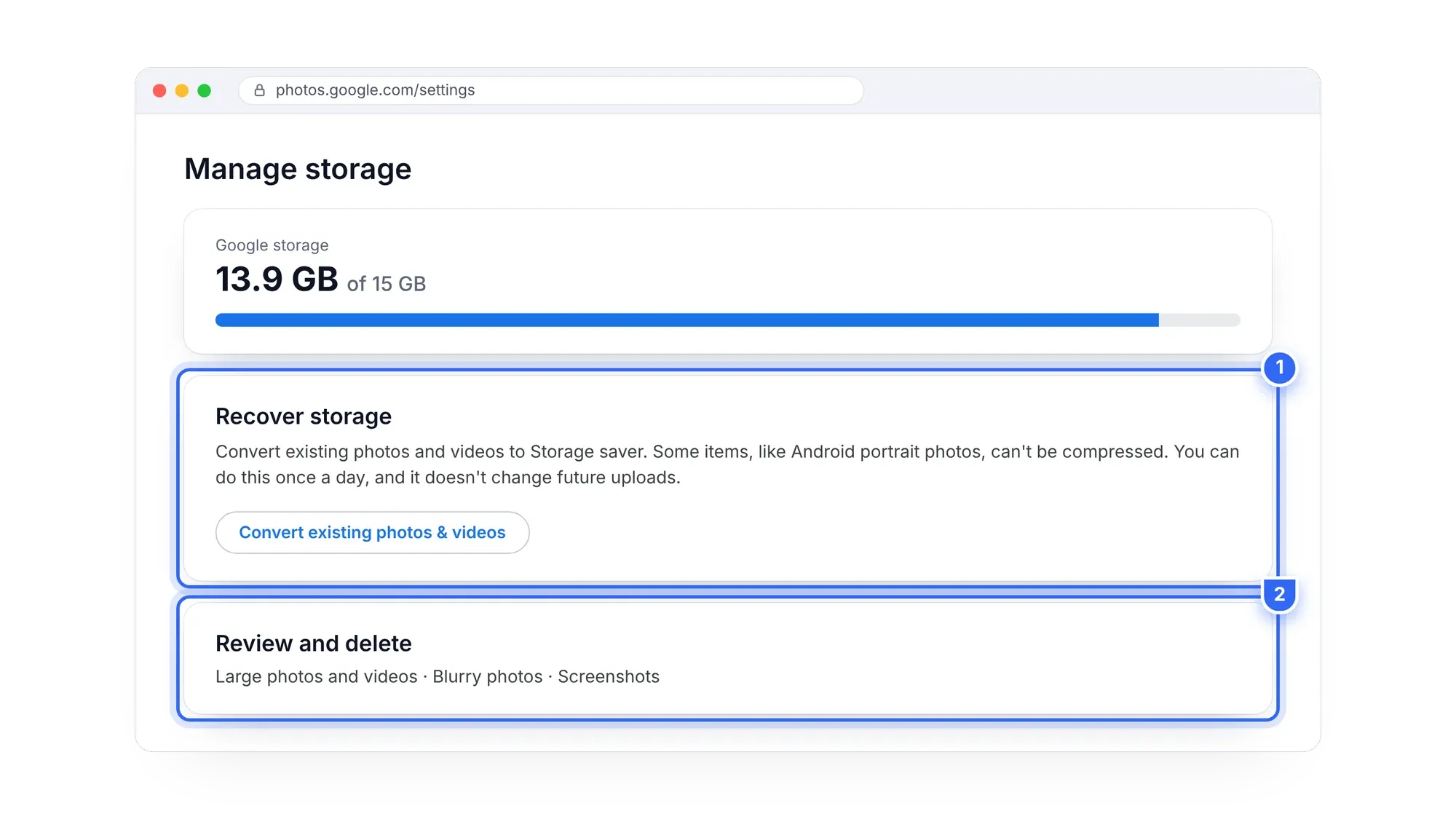Google Photos Manage storage page with Recover storage and Review and delete options
