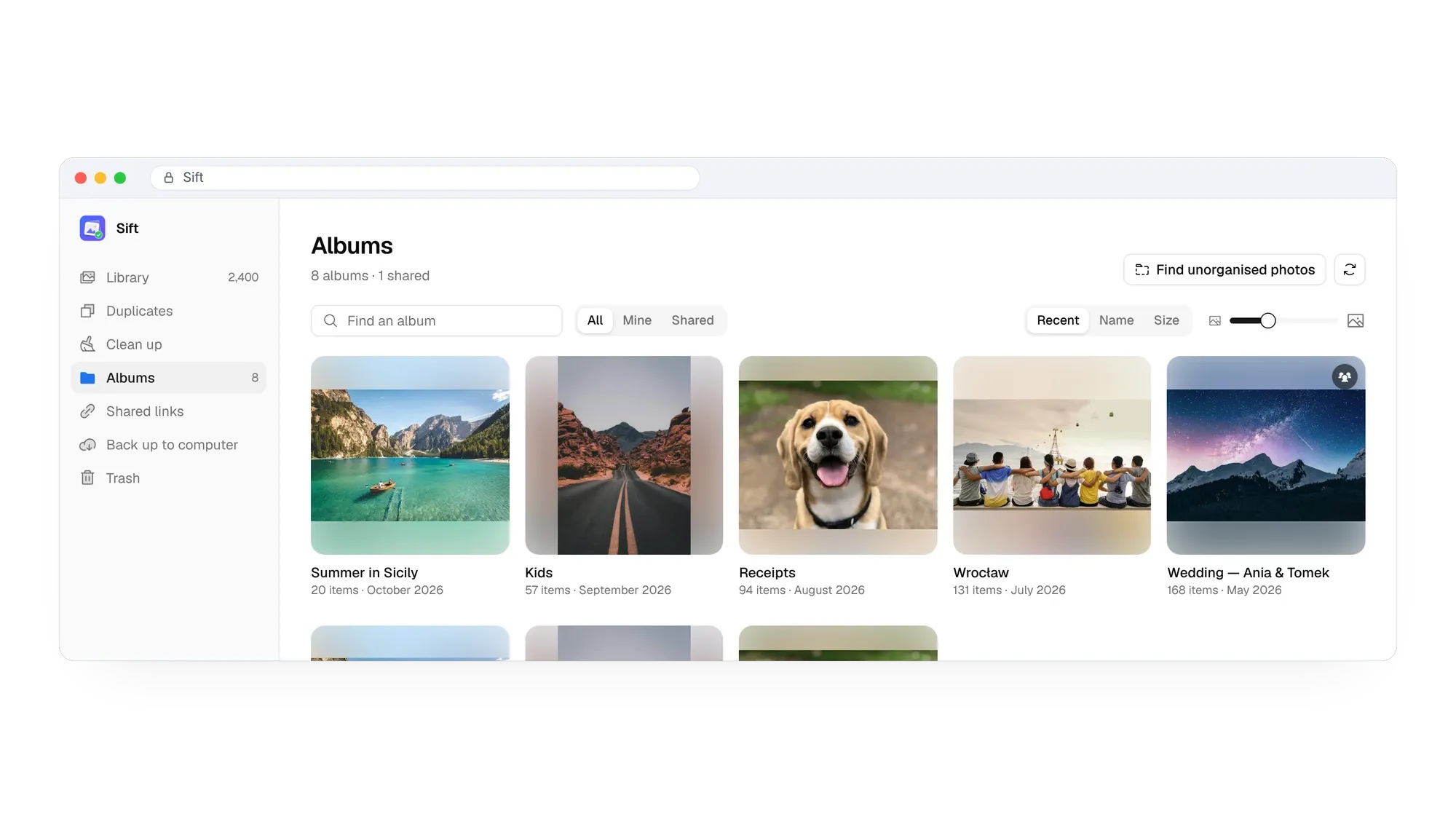 Sift Albums page for merging albums and finding unorganized photos