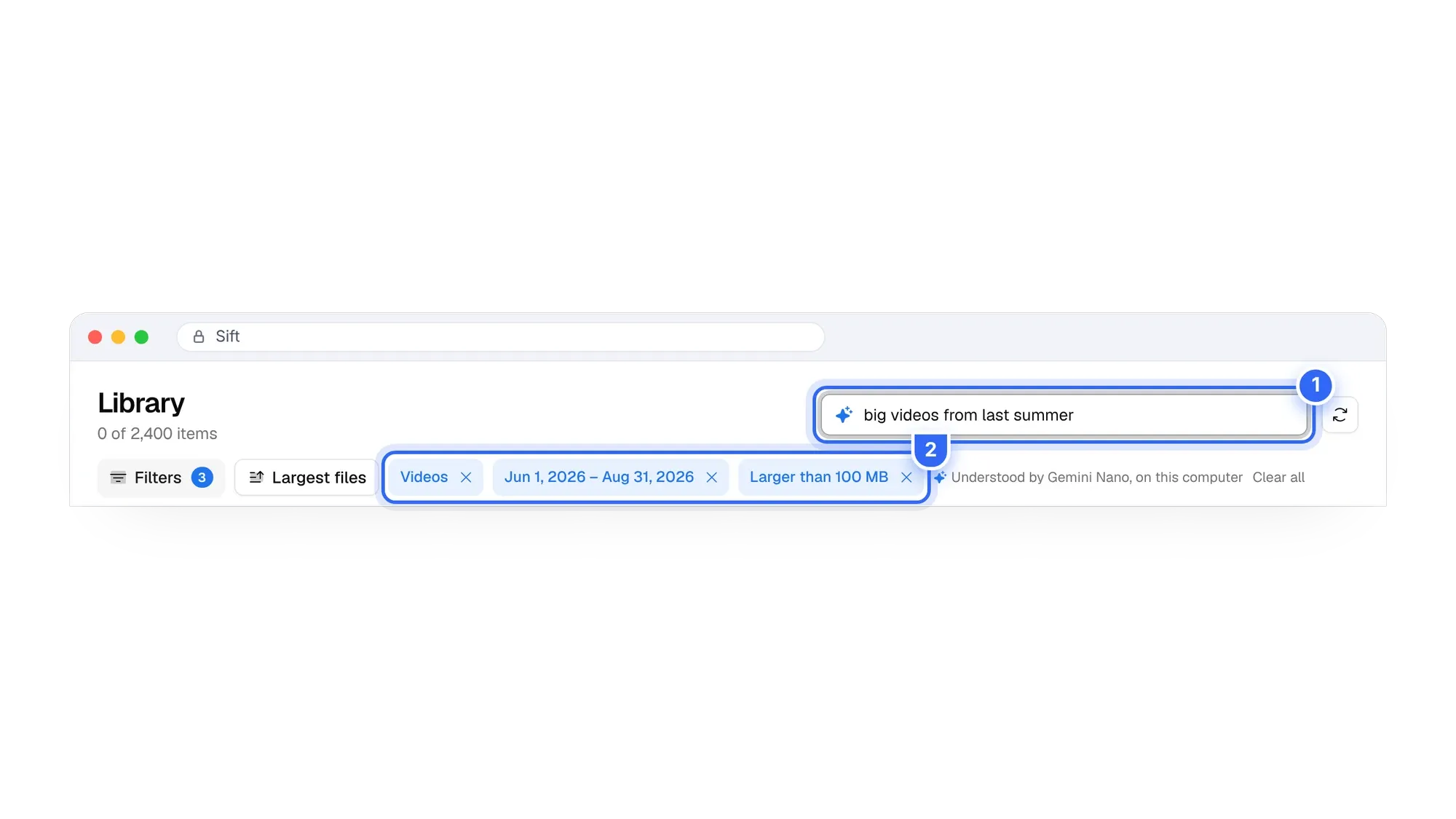 Ask Sift query big videos from last summer setting filters in Google Photos