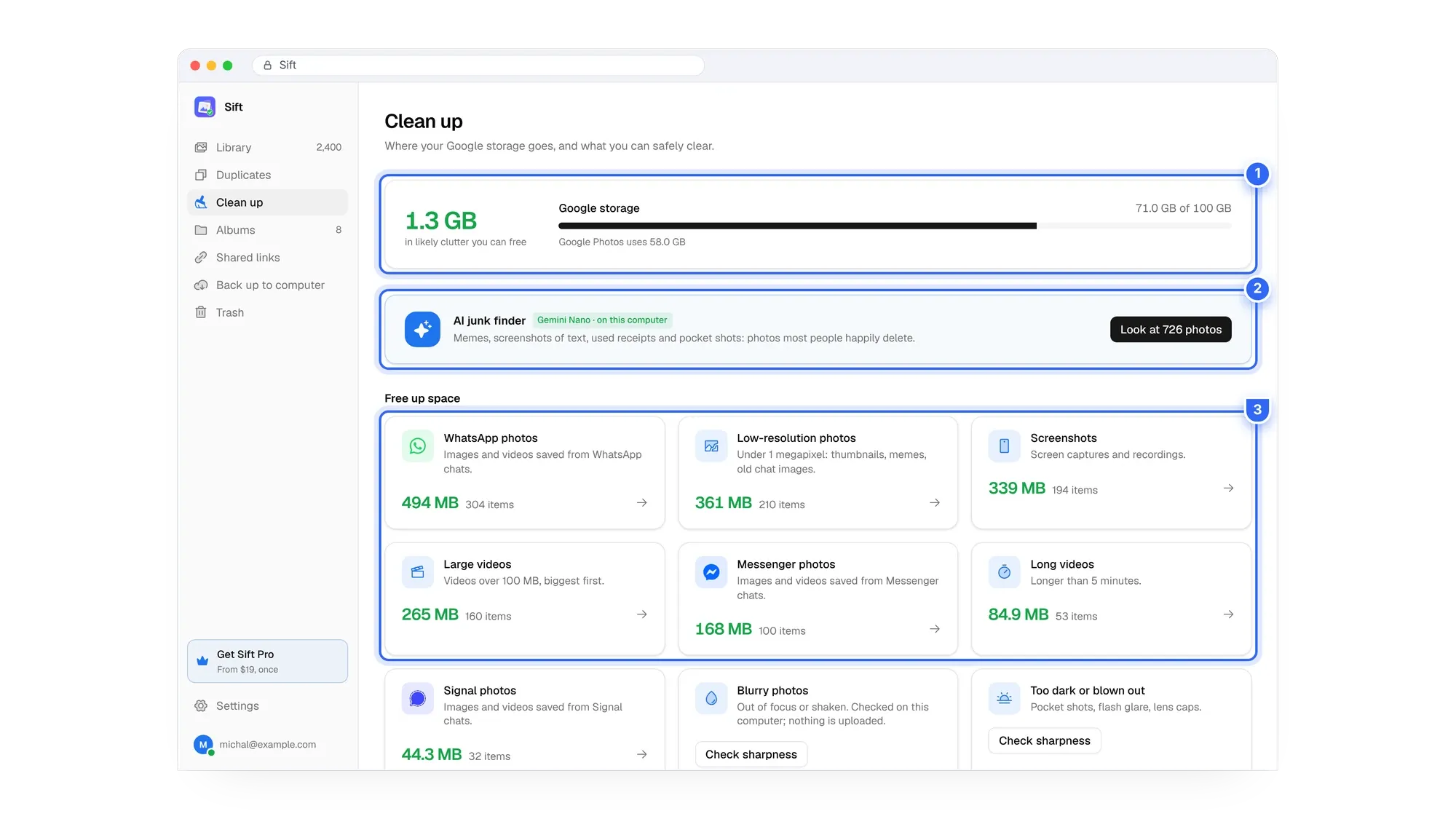 Sift Clean up page showing clutter and how much storage each category frees