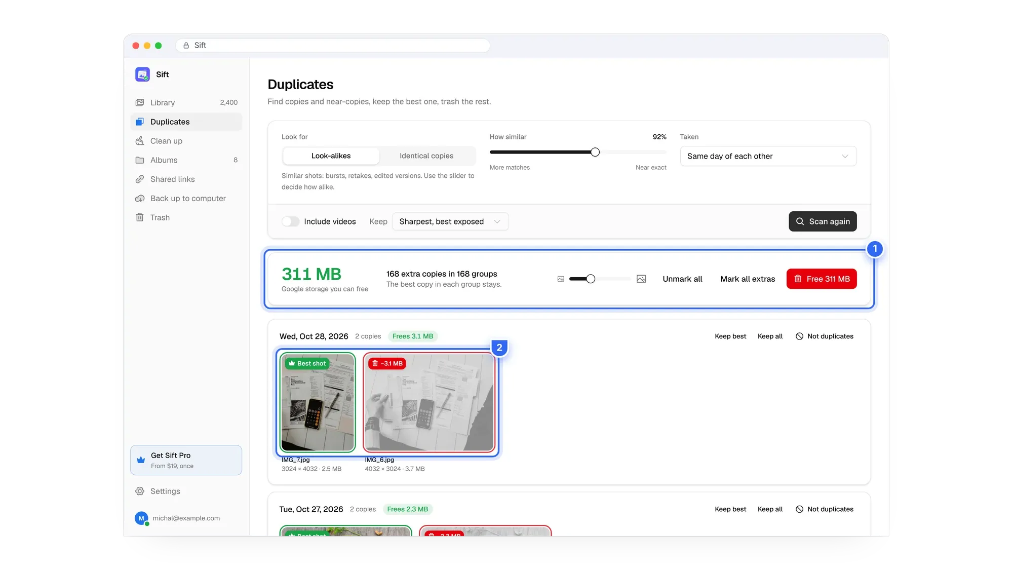 Sift duplicate results showing 311 MB to free in 168 groups of Google Photos duplicates