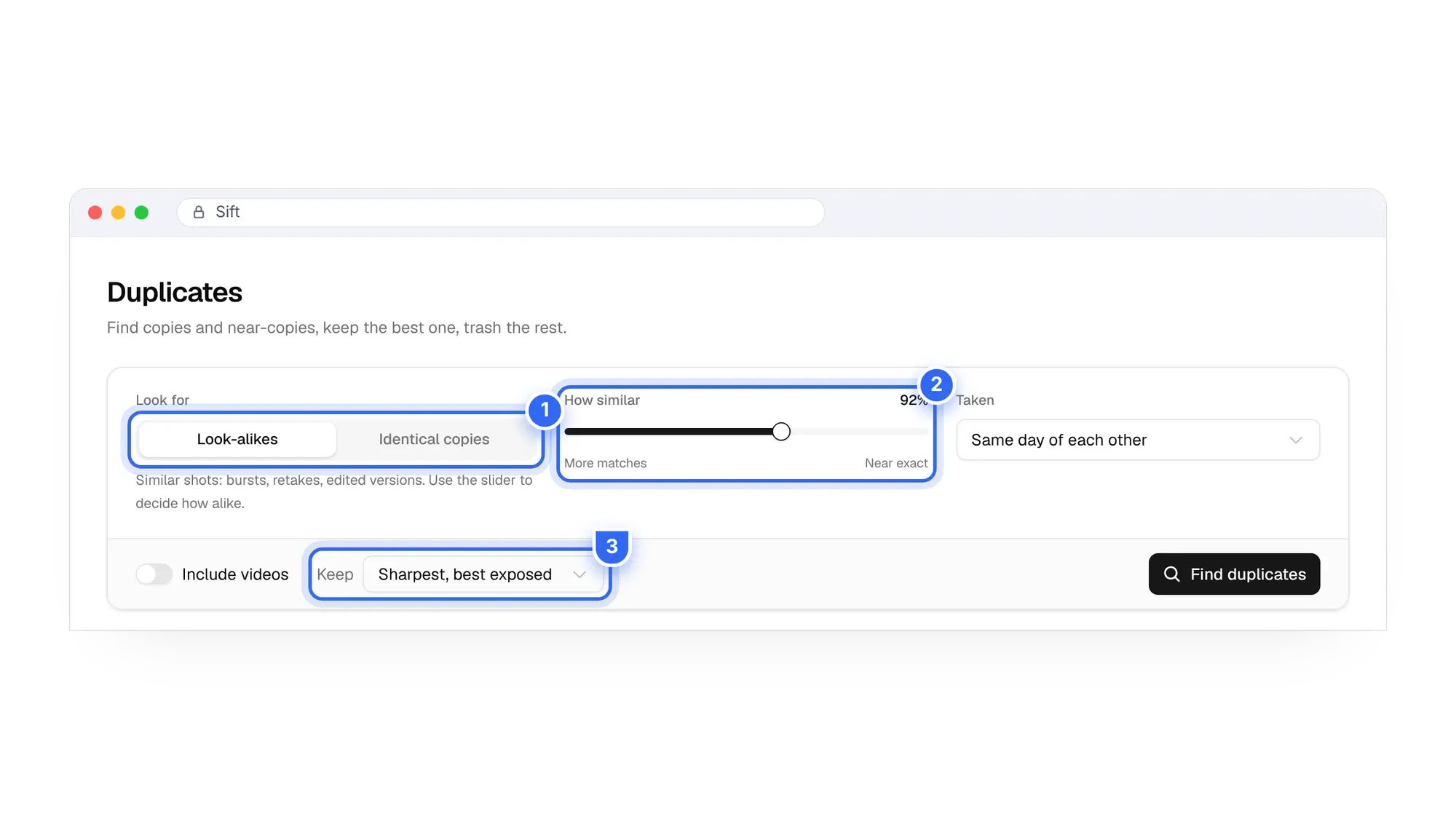 Sift duplicate finder settings for Google Photos with Look-alikes mode and similarity slider
