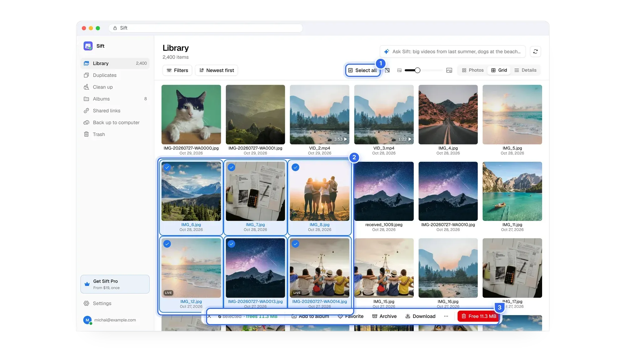 Sift library with Select all and a bar showing how much Google storage the selection frees