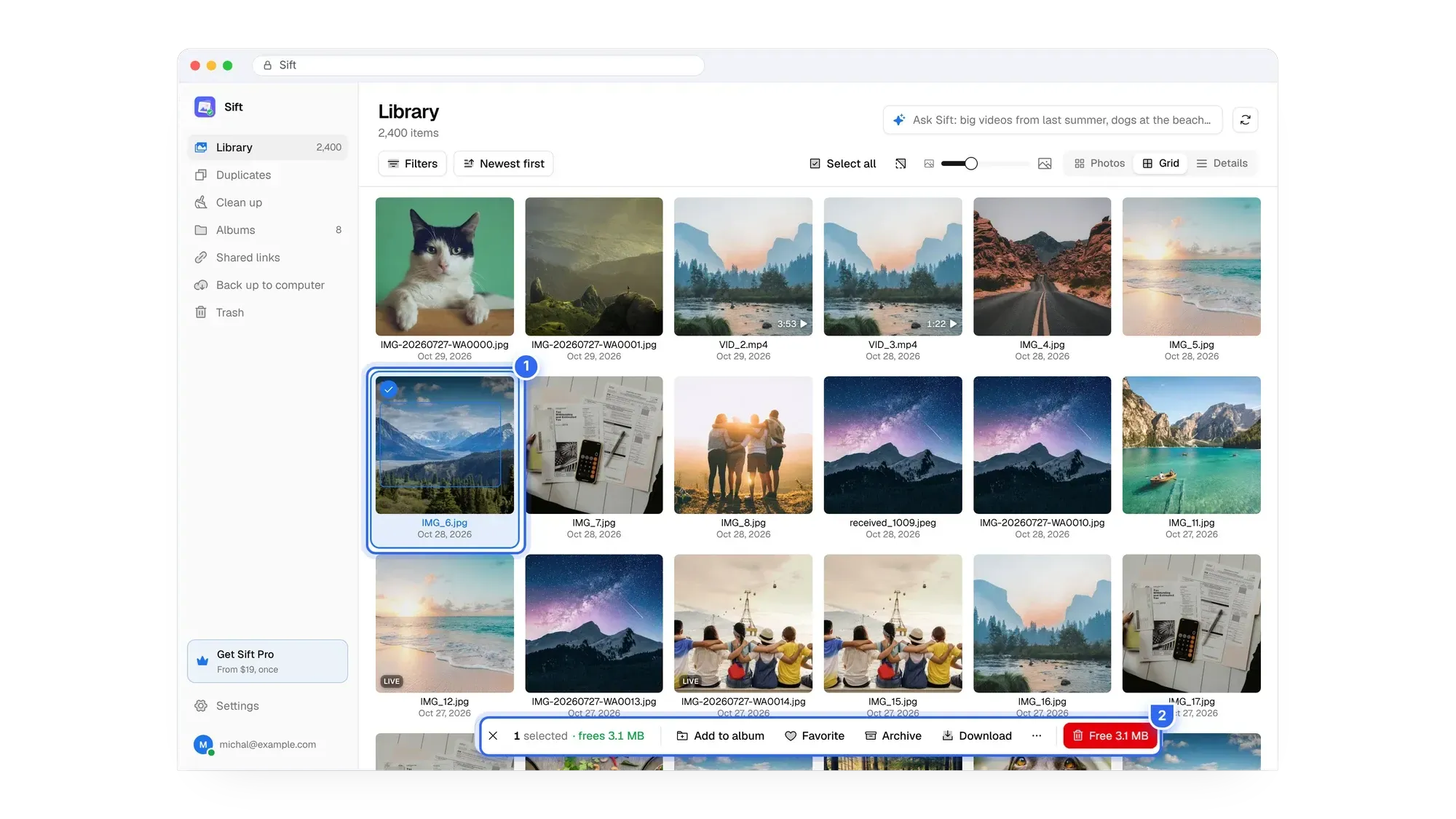 Sift on a computer showing one selected Google Photos item and the storage it frees