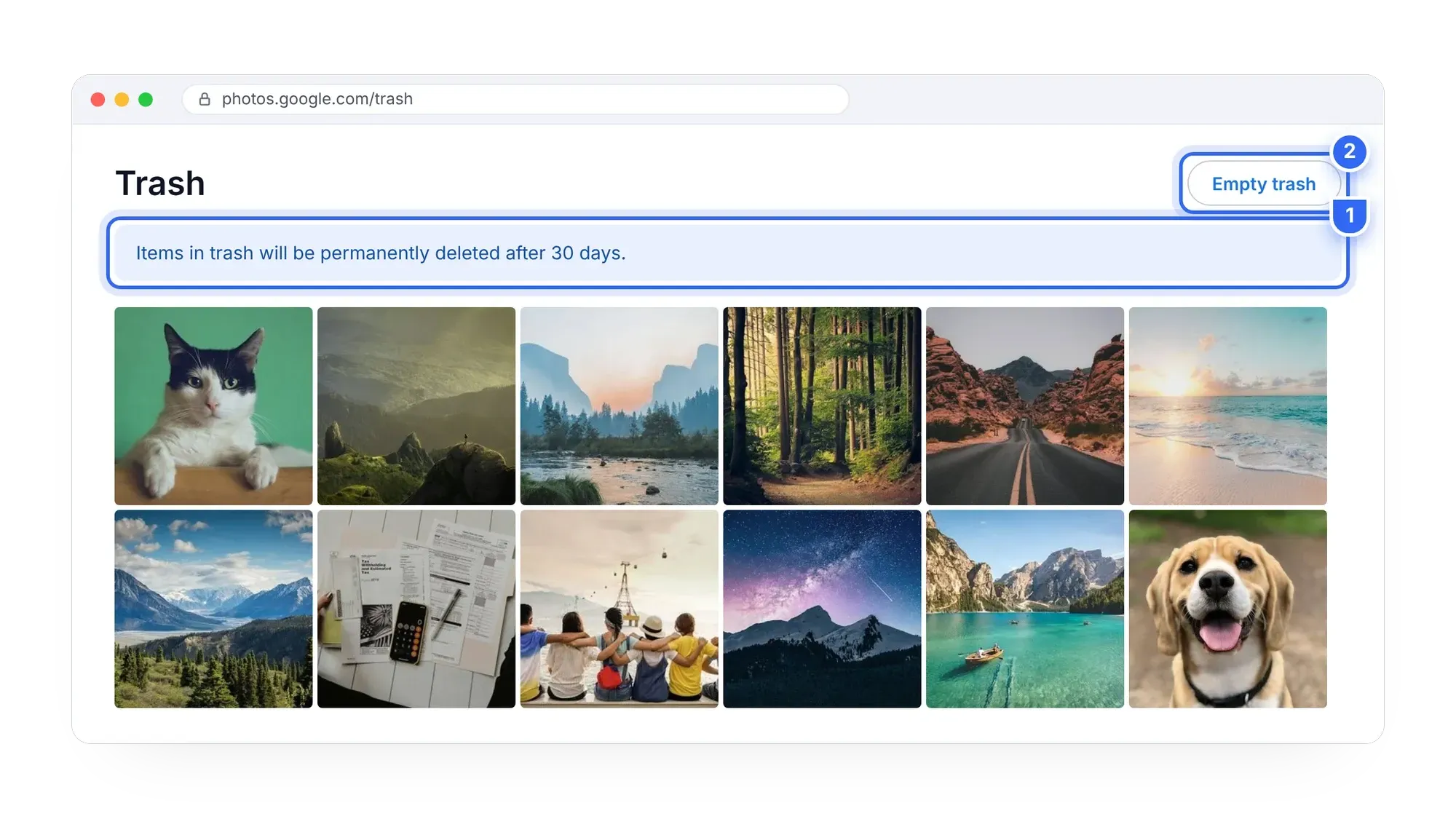Google Photos trash showing the 30-day notice and the Empty trash button